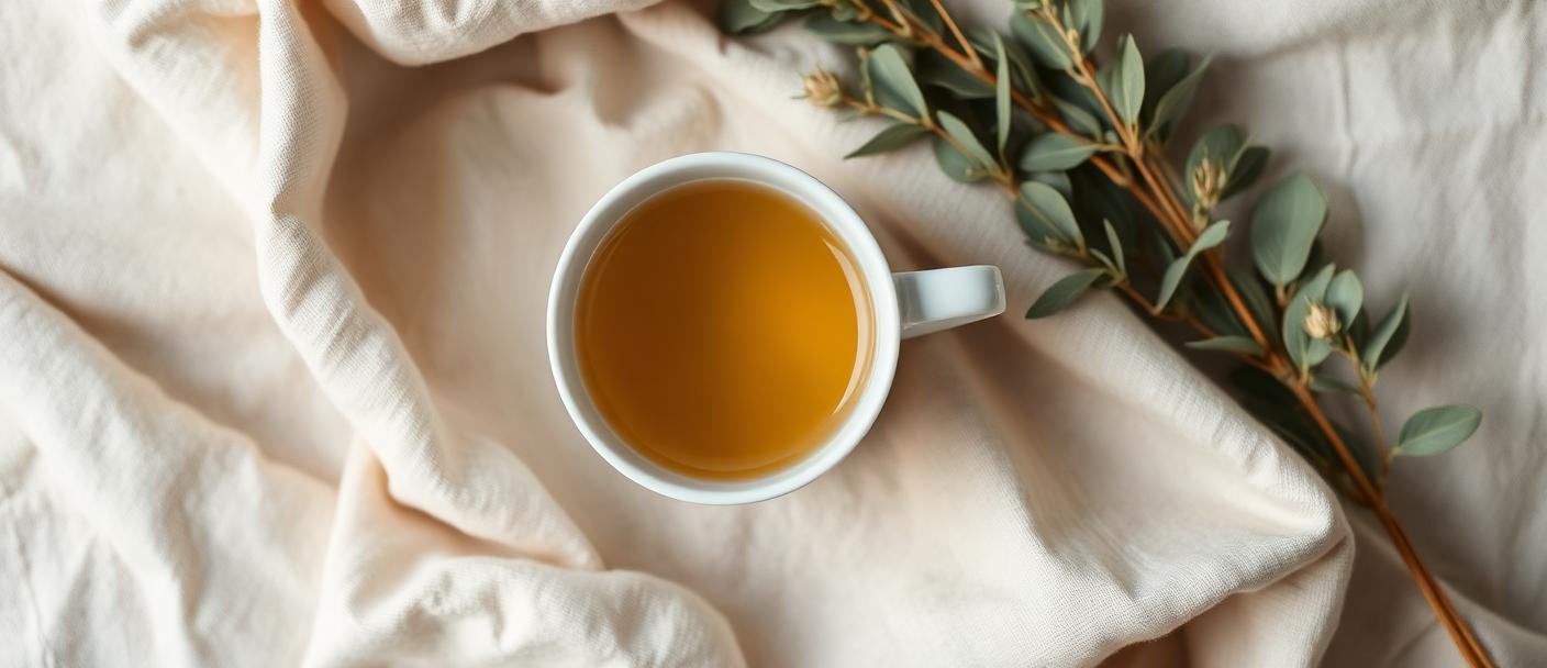 Overhead soft shot of a cup of herbal tea on a linen cloth